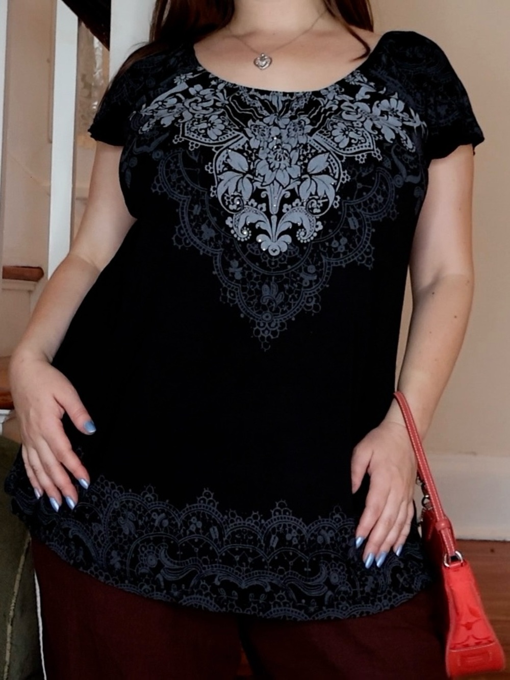 Vintage Vanilla Sugar Black Tattoo Inspired Flowy Top with Rhinestones size M